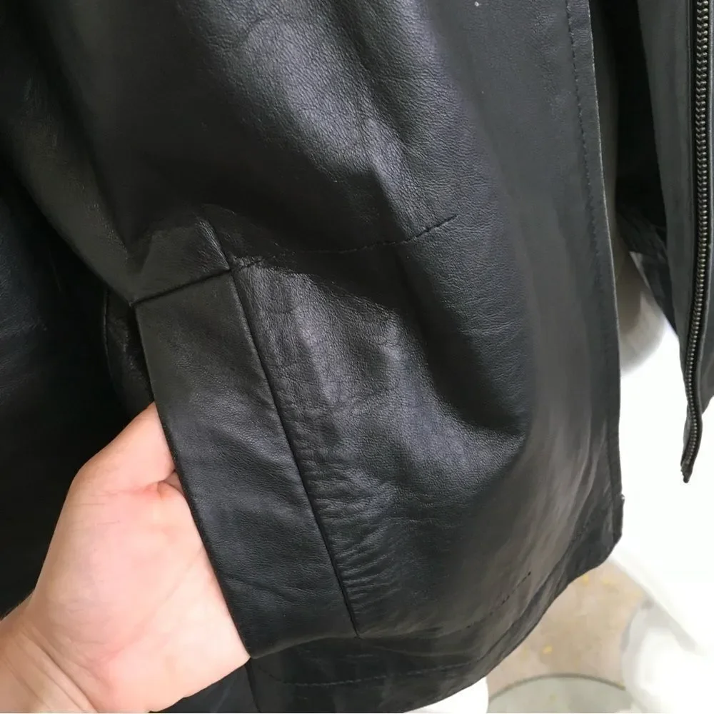 INC Black 100% Genuine Leather Center Zipper Motorcycle Jacket L